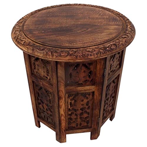 Brown Hand-Carved Wood Folding Accent Table Bohemian Eclectic Round Finish - Diamond Home USA