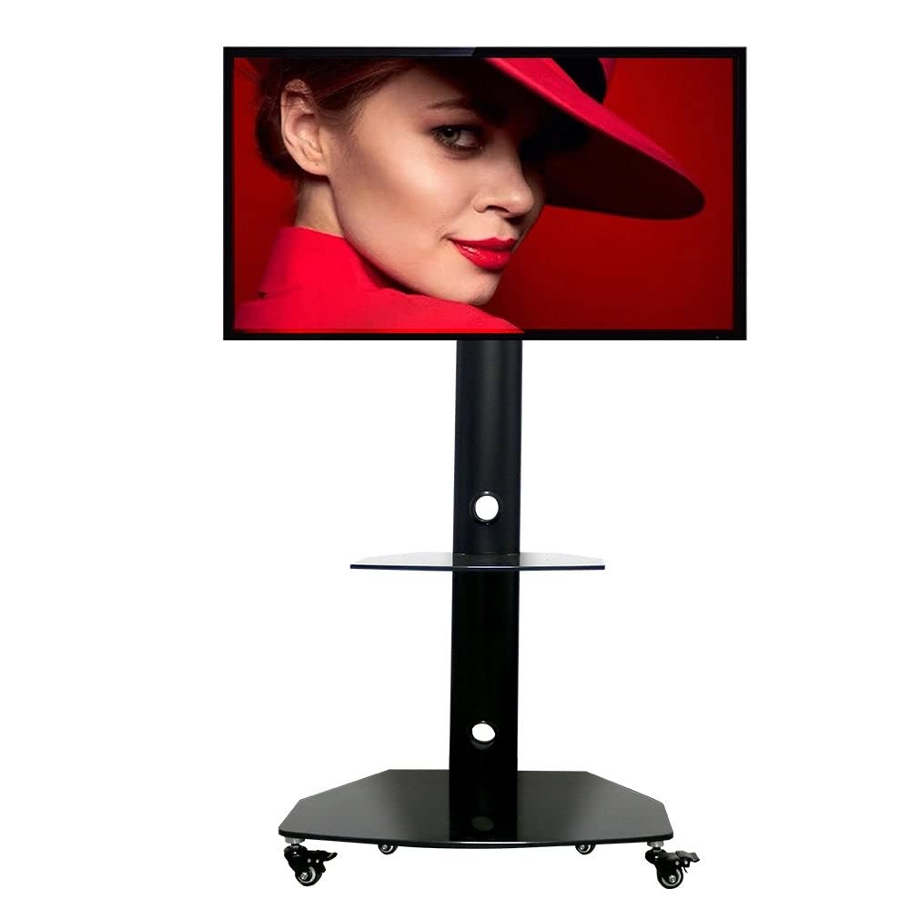 Adjustable Tempered Glass Metal Frame with Lockable Wheels Mobile Tv Stand Black Metal Black
