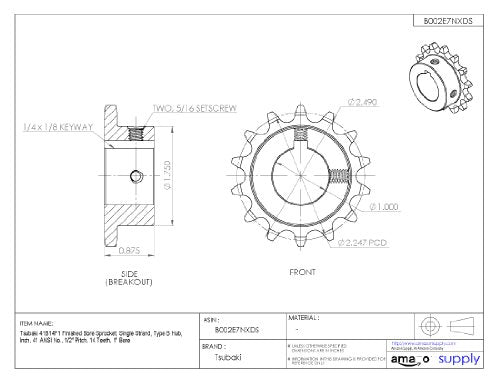 Tsubaki 41B14F-1 Finished Bore Sprocket Single Strand Inch #41 ANSI No. 1/2" - Diamond Home USA