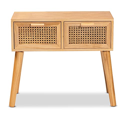 Mid-Century Modern 2-Drawer Wood Console Table with Rattan-Oak Brown Mid-Century - Diamond Home USA