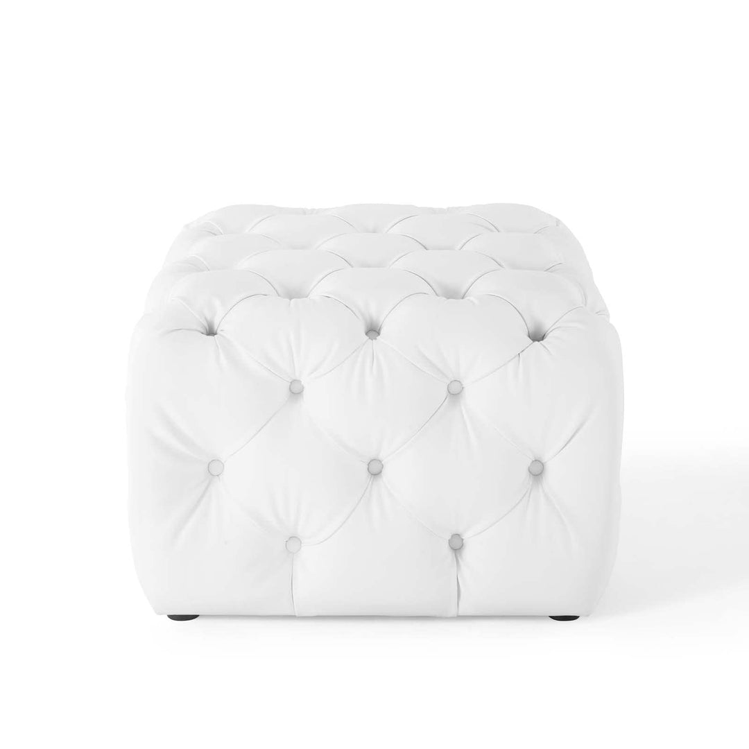 Tufted Button Square Leather Ottoman White Mid-Century Modern Solid Wood - Diamond Home USA