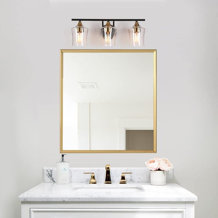 Modern Black Gold 3-Light Linear Bathroom Vanity Lights with Seeded Glass Shades - Diamond Home USA