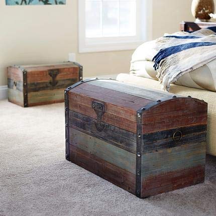 Wood and Metal Large Weathered Finish Studded Strap-Accented Storage Trunk Multi