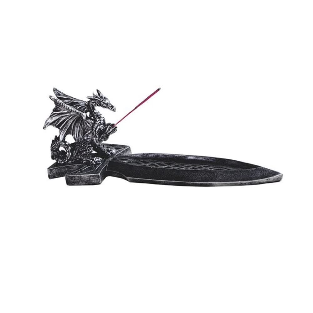 10.25" w Silver Dragon with Sword Incense Burner Sticks Holder Multi Color