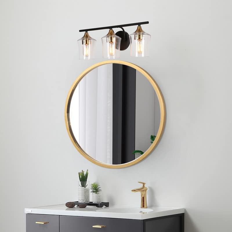 Modern Black Gold 3-Light Linear Bathroom Vanity Lights with Seeded Glass Shades - Diamond Home USA