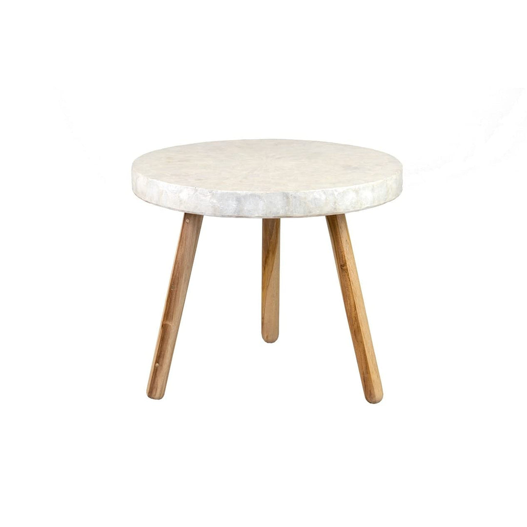 Round End Table White Nautical Coastal Wool Natural Finish Handmade