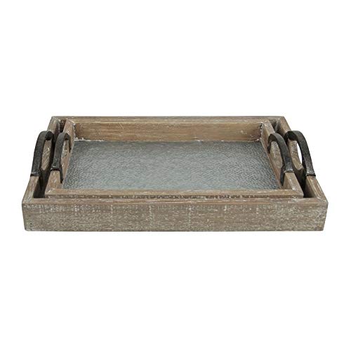 Set of 2 Wood Frame Tray with Galvanized Base and Cast Iron Handles Brown Grey - Diamond Home USA