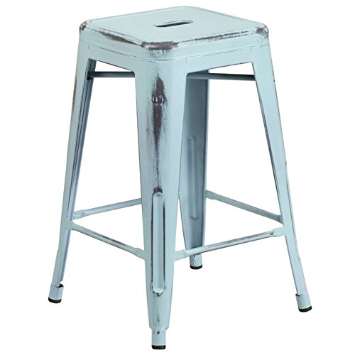 BOWERY HILL 24" Industrial Metal Counter Stool in Distressed Green Blue White - Diamond Home USA