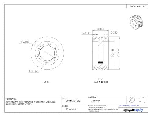 TB Woods 3V505 Narrow V-Belt Sheave 3V Belt Section 5 Grooves SDS Bushing - Diamond Home USA
