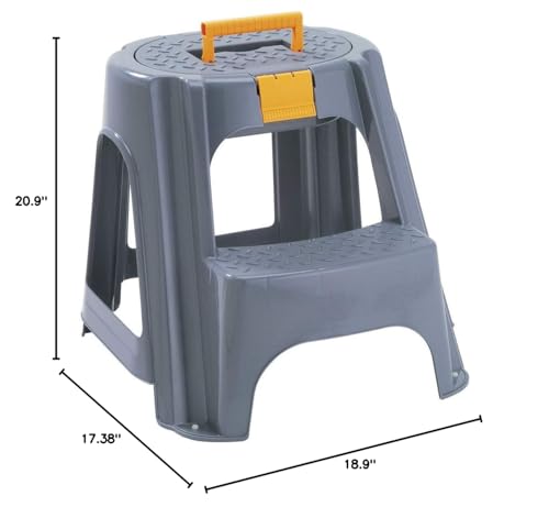 2-Step Plastic Step Stool with Top Organizer Compartment in Grey - Diamond Home USA