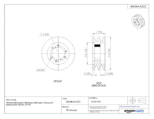 TB Woods 442B Classical V-Belt Sheave B Belt Section 2 Grooves SH Bushing - Diamond Home USA