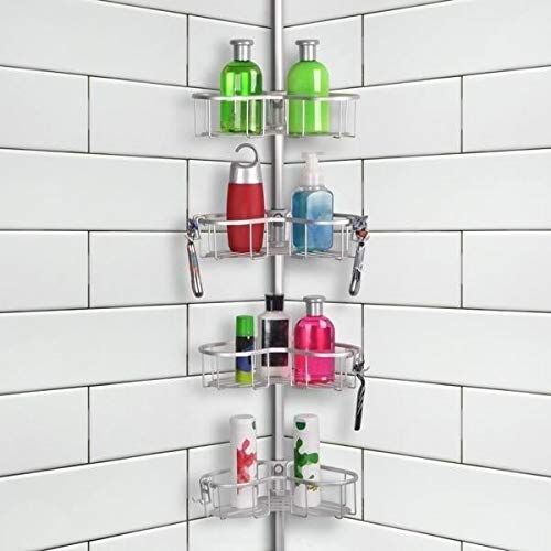 Flat Shelf Rustproof Shower Caddy Satin Chrome Corner Pole Metal - Diamond Home USA