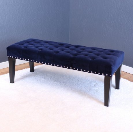 ModHaus Living Modern Velvet Upholstered Button Tufted Vanity Dining Bench Ink Navy