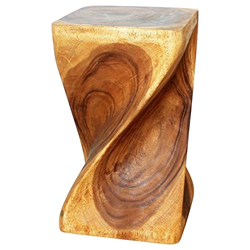 Big Twist Wood Stool Table 12 in Sq X 20 H Oak Oil Brown Gold Modern - Diamond Home USA