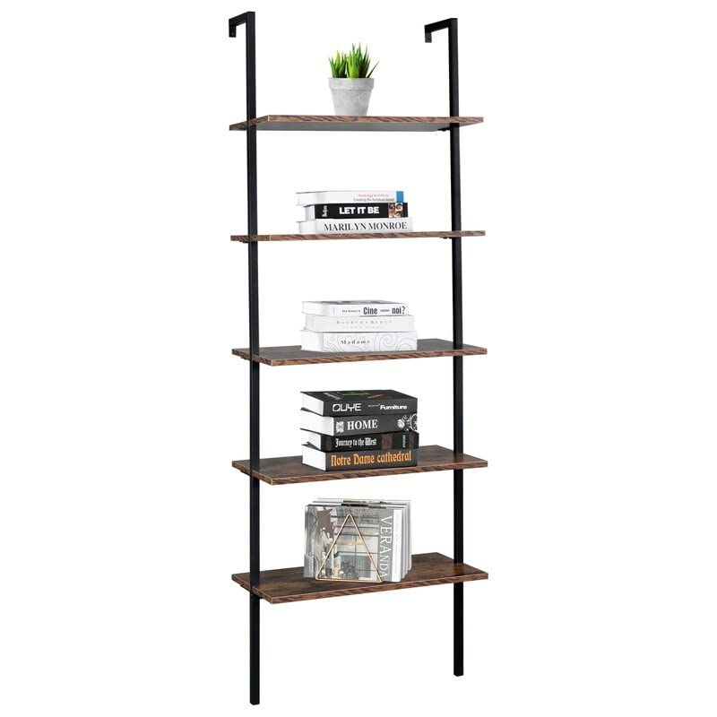 Wall Mounted Bookcase 5-Tier Open Ladder Shelf Bookshelf Brown Modern - Diamond Home USA