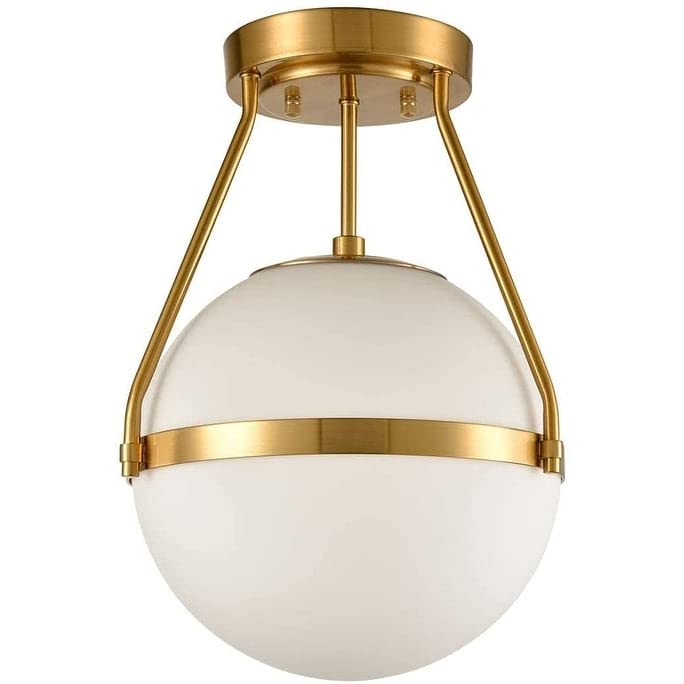 Mid Century Brass Globe Semi Flush Mount Ceiling Light Opal Glass Shade - Diamond Home USA