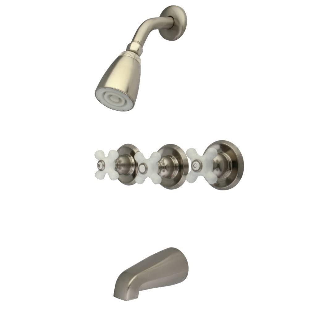 Kingston Brass KB238PX Tub and Shower Faucet with 3-Porcelain Cross Handle Brushed Nickel