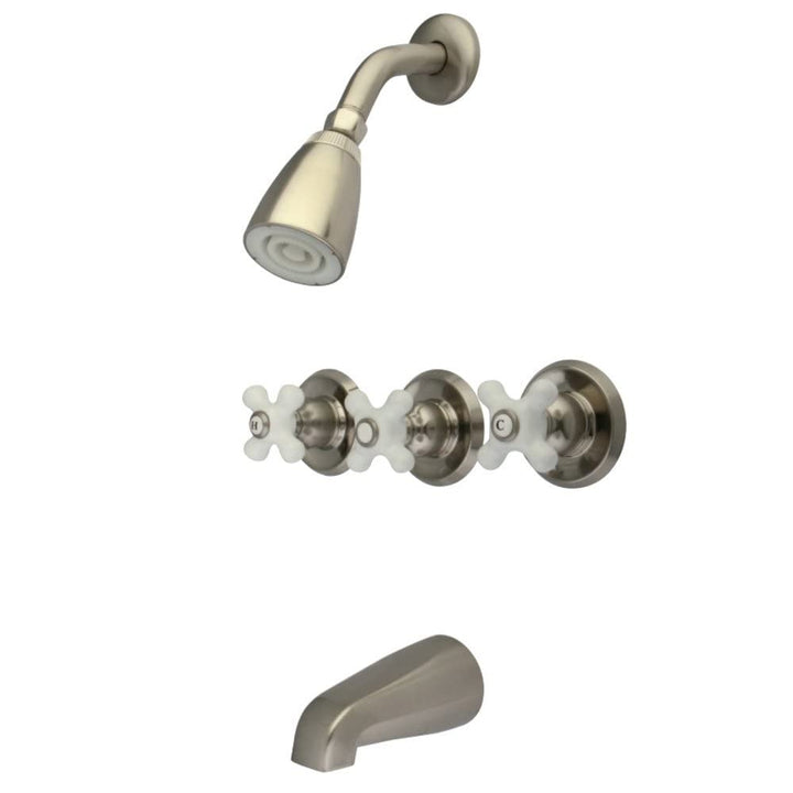 Kingston Brass KB238PX Tub and Shower Faucet with 3-Porcelain Cross Handle Brushed Nickel
