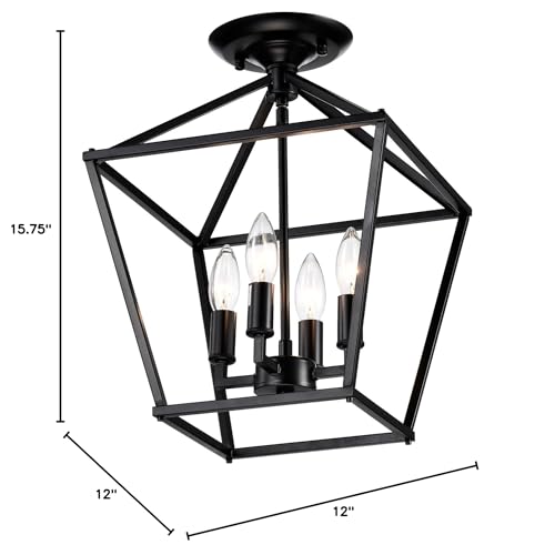 Matte Black 4-light 12 in. Cage Lantern Farmhouse Semi-flush Mount Metal - Diamond Home USA