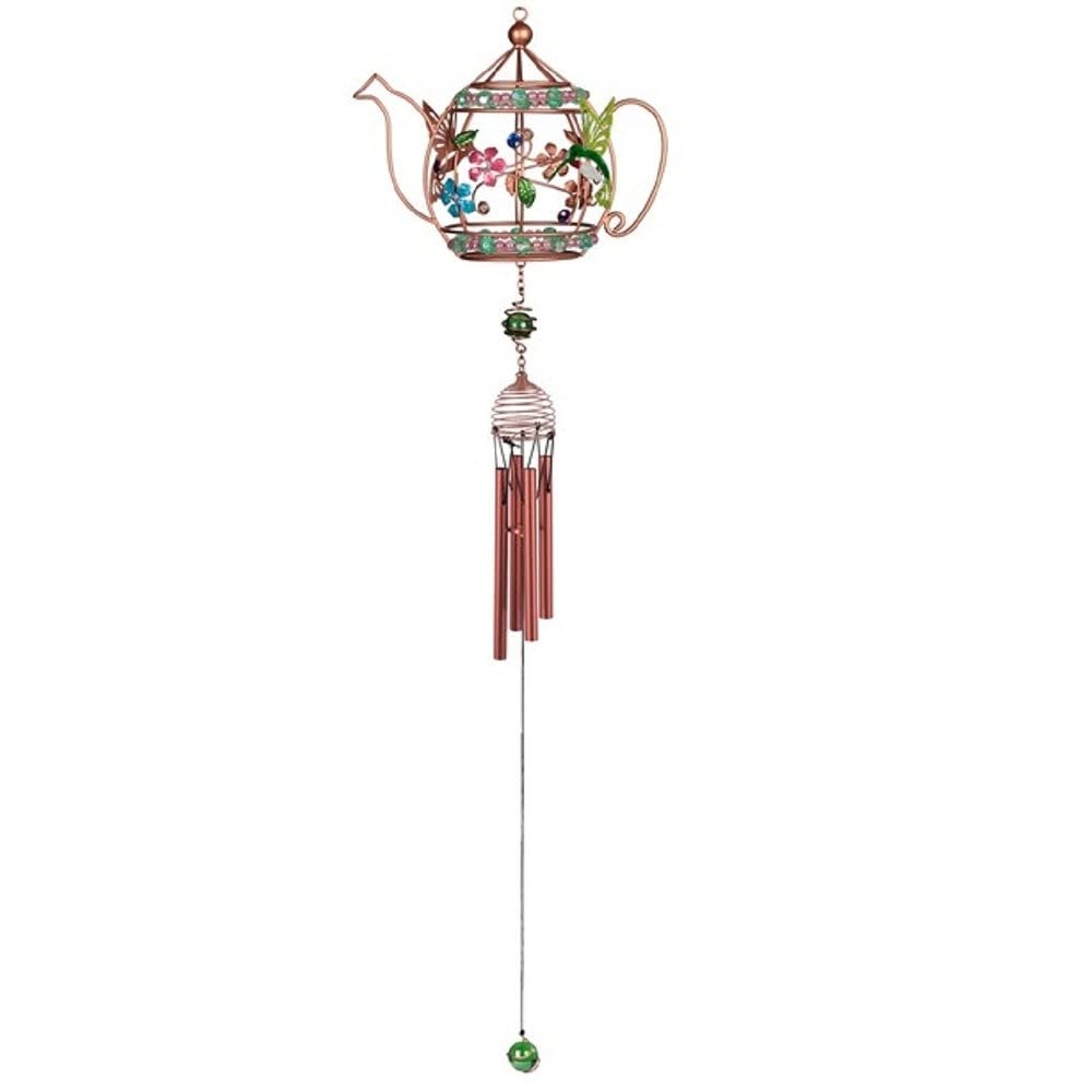 33" Long Hummingbird Copper and Gem Wind Chime in Teapot Shaped Garden Patio