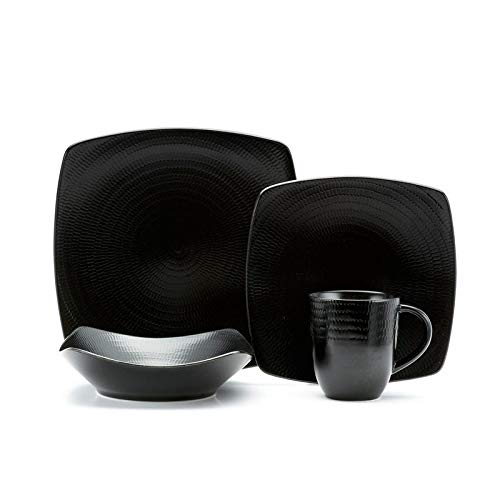 Black Rice 18pc Dinner Set Textured Modern Contemporary Square Stoneware 18 - Diamond Home USA