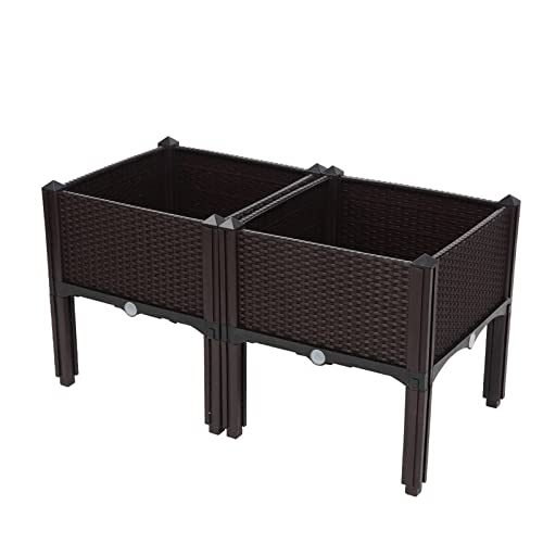 Set of 2 Brown Indoor Outdoor Plastic Raised Garden Planters Box Square Drainage - Diamond Home USA