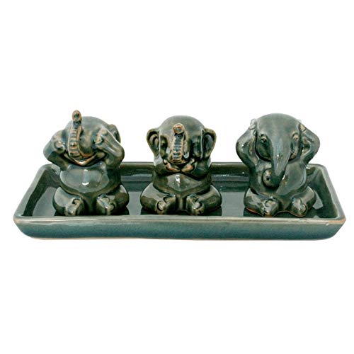 Elephant Lesson Hear Speak See No Evil Artisan Figurine Decor Accent Green - Diamond Home USA