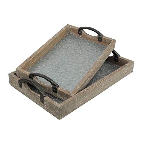 Set of 2 Wood Frame Tray with Galvanized Base and Cast Iron Handles Brown Grey - Diamond Home USA