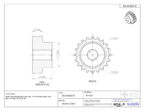 Boston Gear GB1050A Worm Gear Plain 14.5 PA Pressure Angle 0.500" Bore 20:1 - Diamond Home USA
