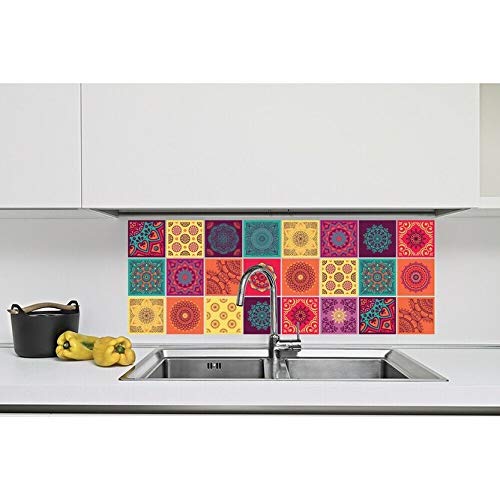 Colorful Mandala Tile Stickers Peel and Stick Wall Sticker 24pcs 4"x4" Green - Diamond Home USA