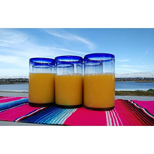 Hand Blown Mexican Drinking Glasses Set Of 6 With Cobalt Blue Rims (14 Oz - Diamond Home USA
