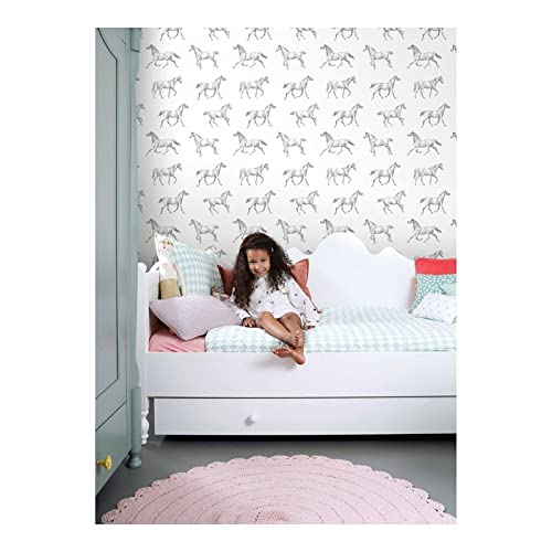 Burnett Off/White Horses Wallpaper 20.5 X Off/White Animal Print Wildlife - Diamond Home USA