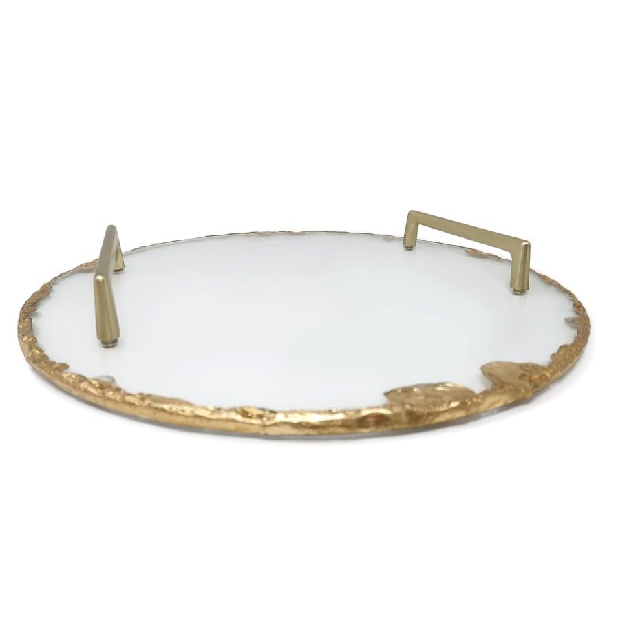 Round Glass Tray with Gold Rim and Handles-13 d 13" d - Diamond Home USA