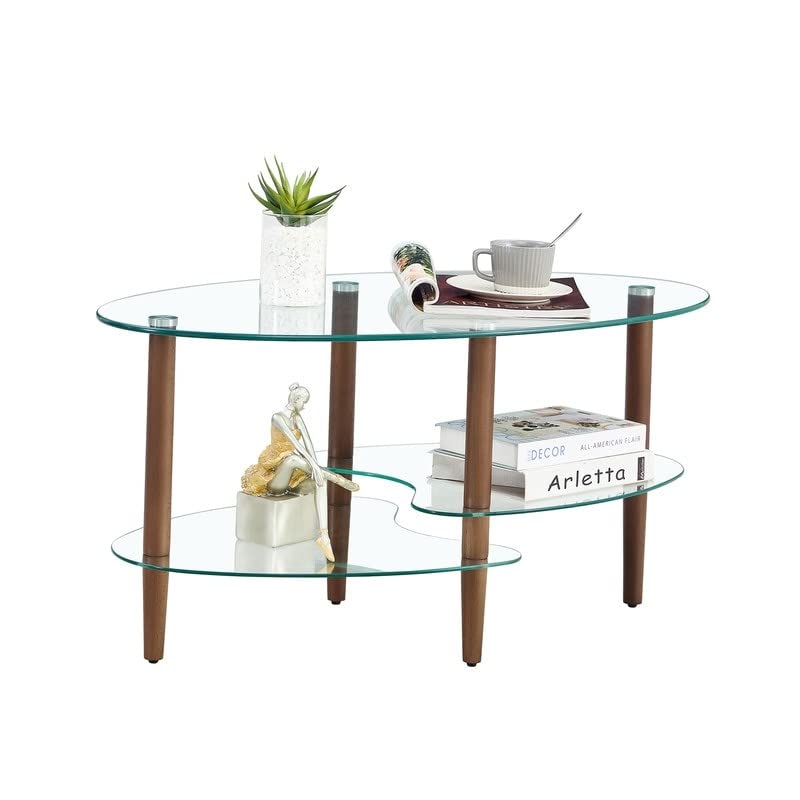 Oval Glass Coffee Table 3-Tier Transparent with Wood Leg Brown Modern Brown - Glass