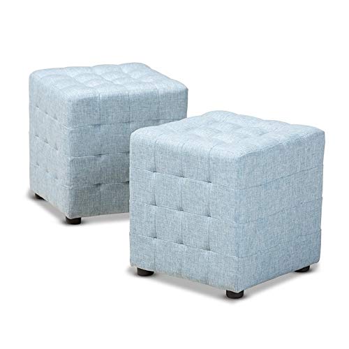 Baxton Studio Elladio Upholstered Wood Cube Ottoman in Light Blue - Set of 2