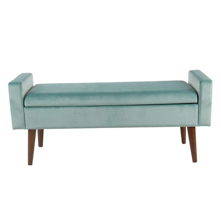 Velvet Storage Bench Blue Solid Mid-Century Modern Walnut Finish