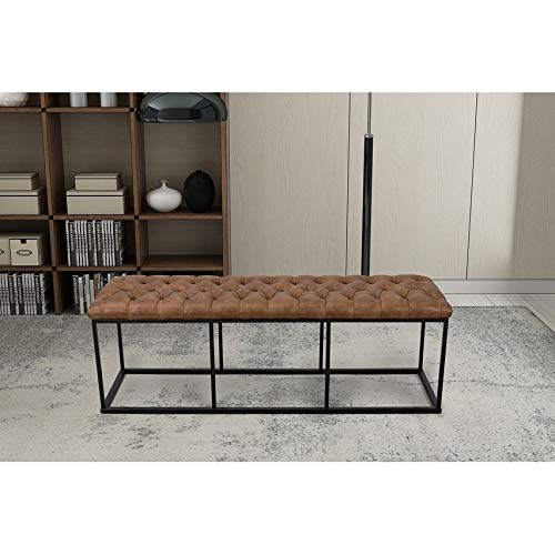 Large Decorative Bench with Light Brown Faux Leather Solid Industrial Tufted Distressed Brown
