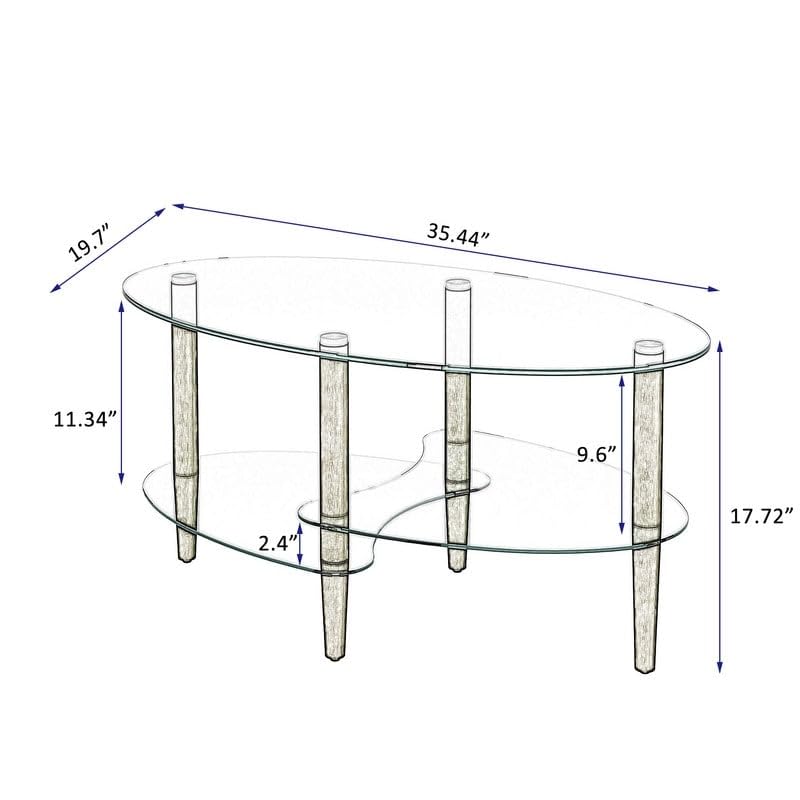 Oval Glass Coffee Table 3-Tier Transparent with Wood Leg Brown Modern - Diamond Home USA