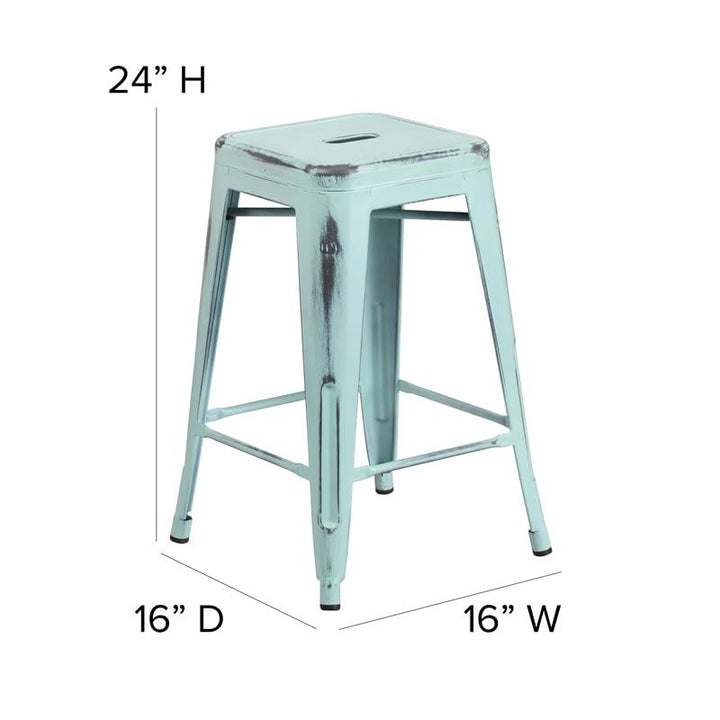 BOWERY HILL 24" Industrial Metal Counter Stool in Distressed Green Blue White - Diamond Home USA