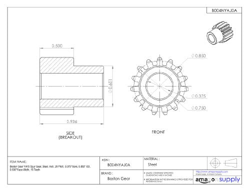 Boston Gear YA15 Spur Gear Steel Inch 20 Pitch 0.375" Bore 0.850" OD 0.500" Face - Diamond Home USA