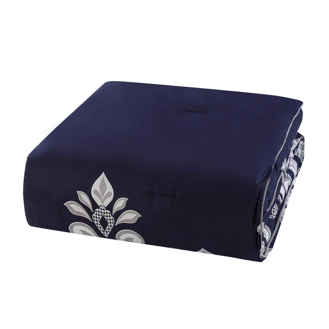 D&H 10 Piece Blue Silver White Damask Theme Comforter King Set Beautiful All - Diamond Home USA