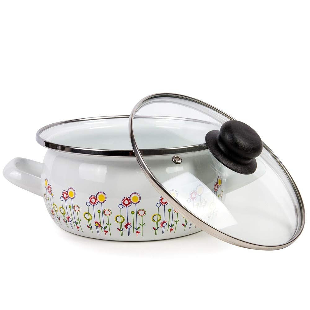 Enamel On Steel 5.3-Quart Pot with A Glass Lid - Flowers Multi Color Enameled - Diamond Home USA