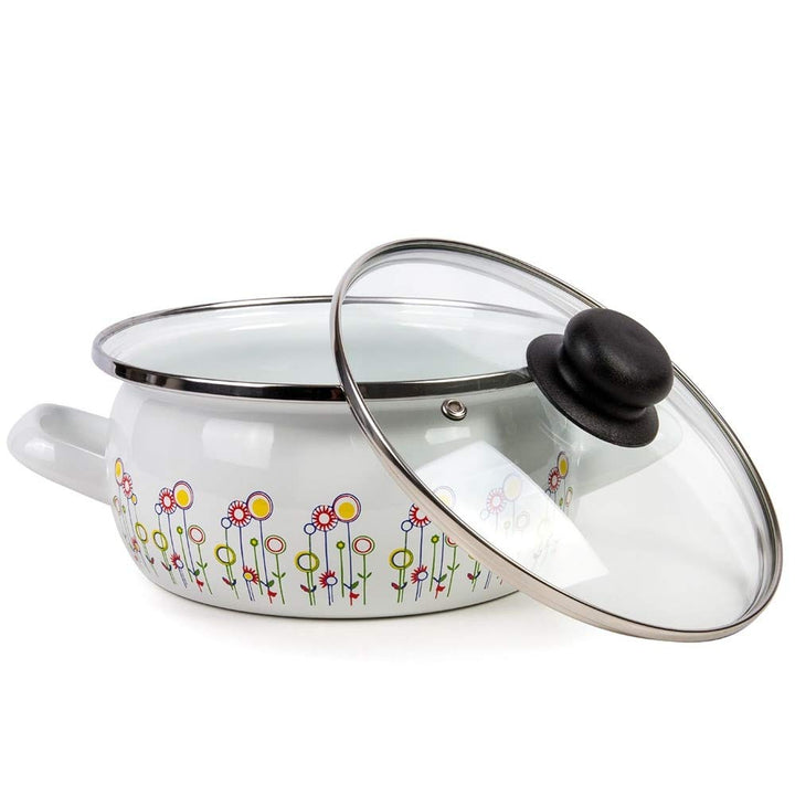 Enamel On Steel 5.3-Quart Pot with A Glass Lid - Flowers Multi Color Enameled - Diamond Home USA