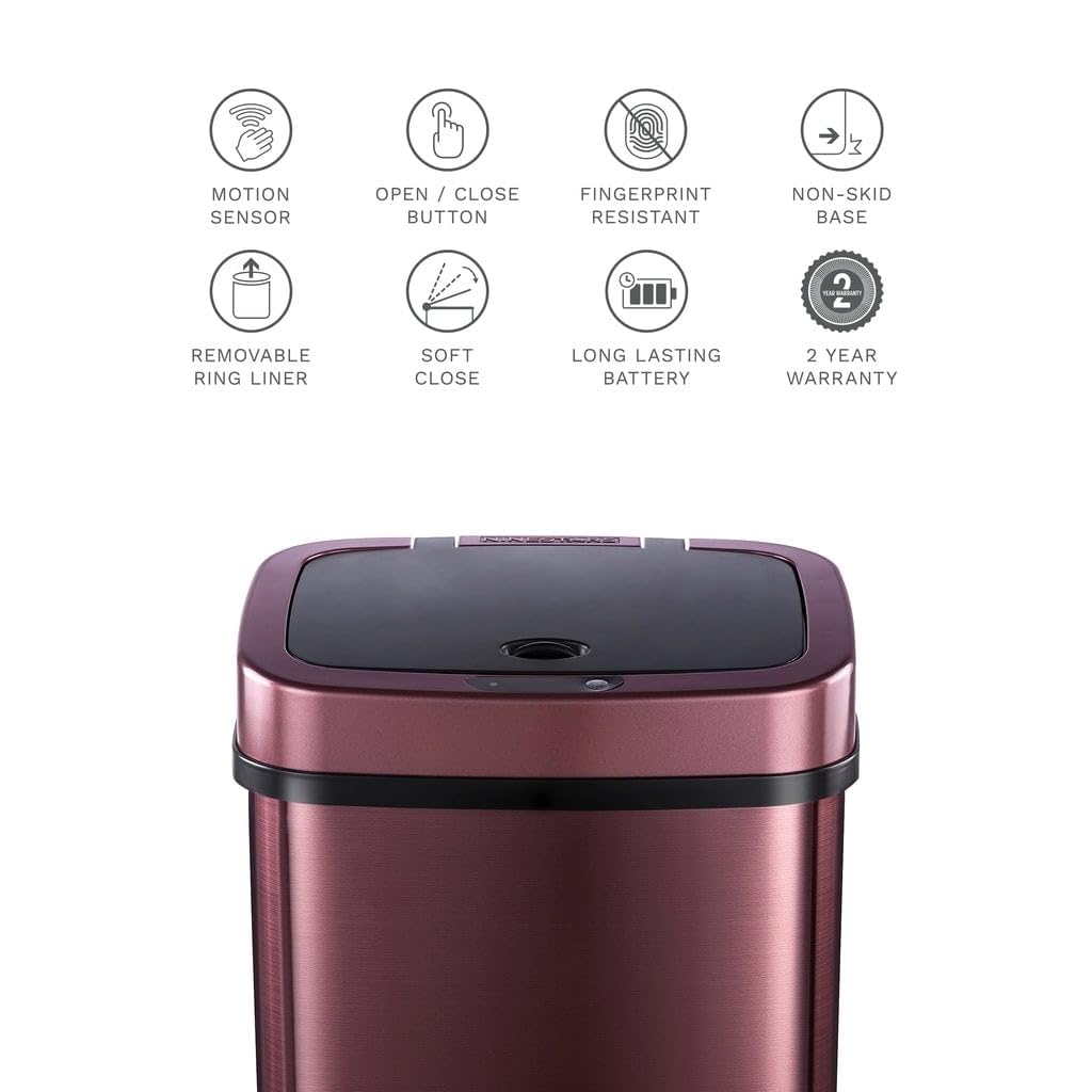 3.2 Gallon Burgundy Rectangular Motion Sensor Trash Can Purple Red Rectangle - Diamond Home USA