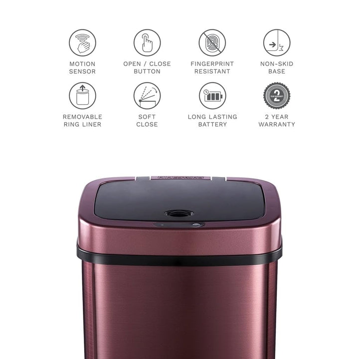 3.2 Gallon Burgundy Rectangular Motion Sensor Trash Can Purple Red Rectangle - Diamond Home USA