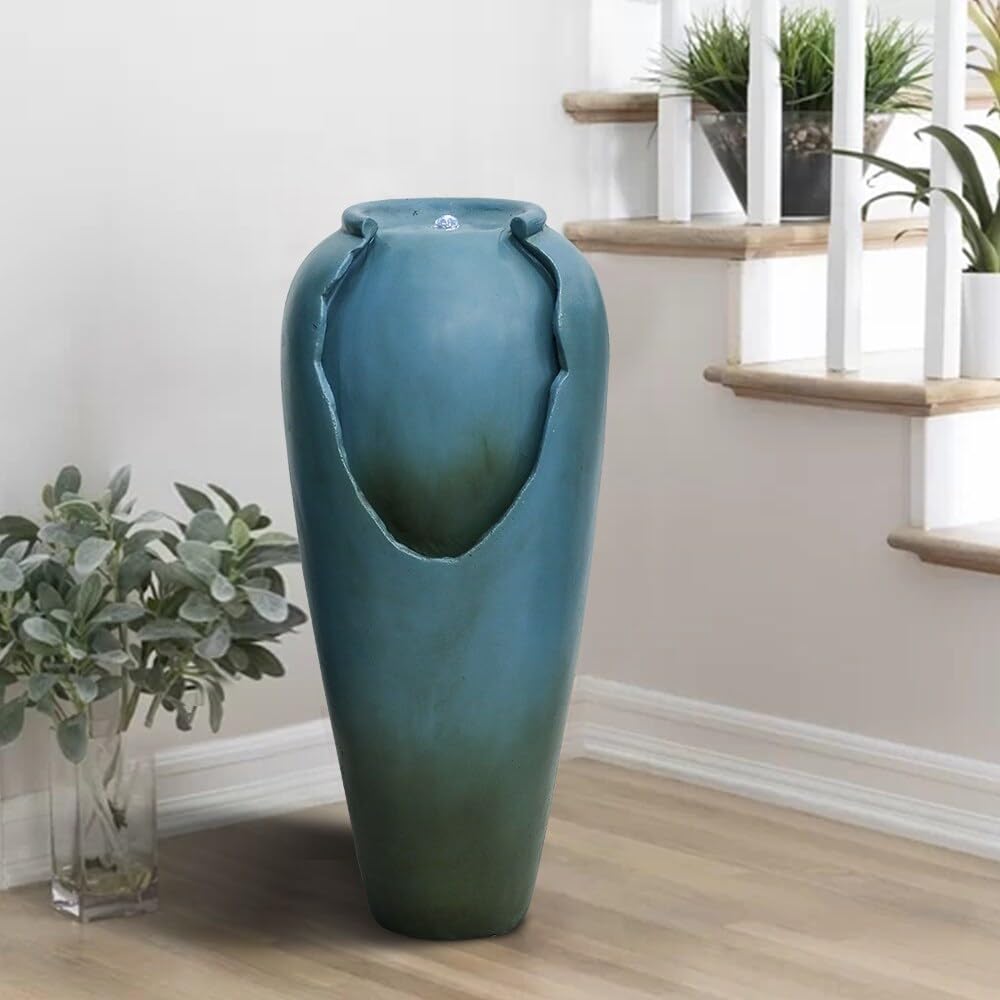 Outdoor Water Fountain Tall Patio Garden with Led Light Blue Modern Contemporary - Diamond Home USA