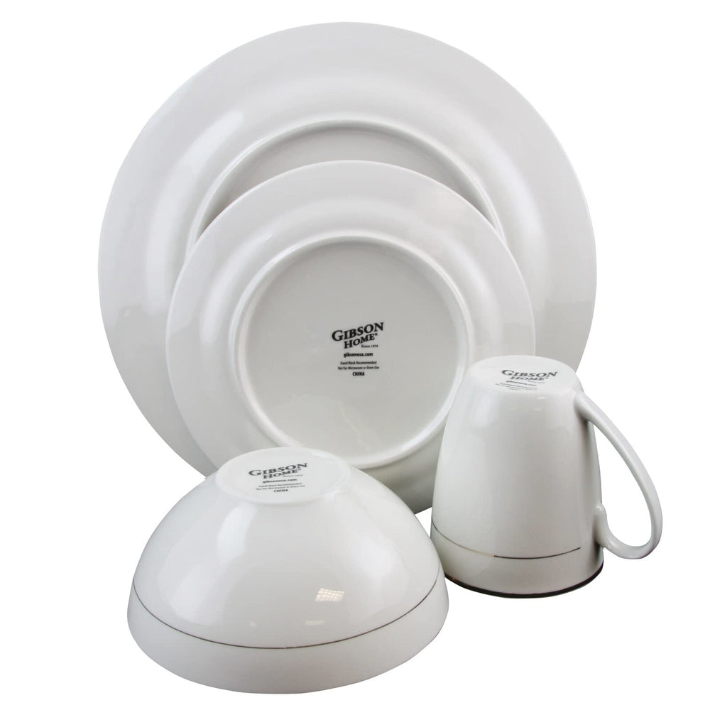 Dinnerware Double Gold Ring Set 16 Pieces White Solid Casual Round Ceramic Piece - Diamond Home USA