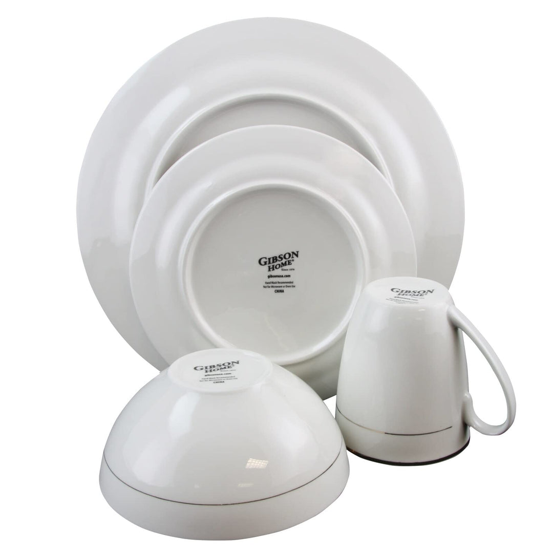 Dinnerware Double Gold Ring Set 16 Pieces White Solid Casual Round Ceramic Piece - Diamond Home USA