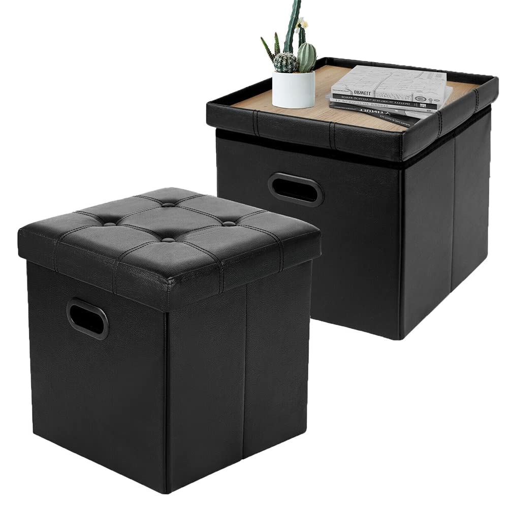 2pcs Folding Storage Ottoman with Hole Handles Leather ube Black Solid Modern - Diamond Home USA