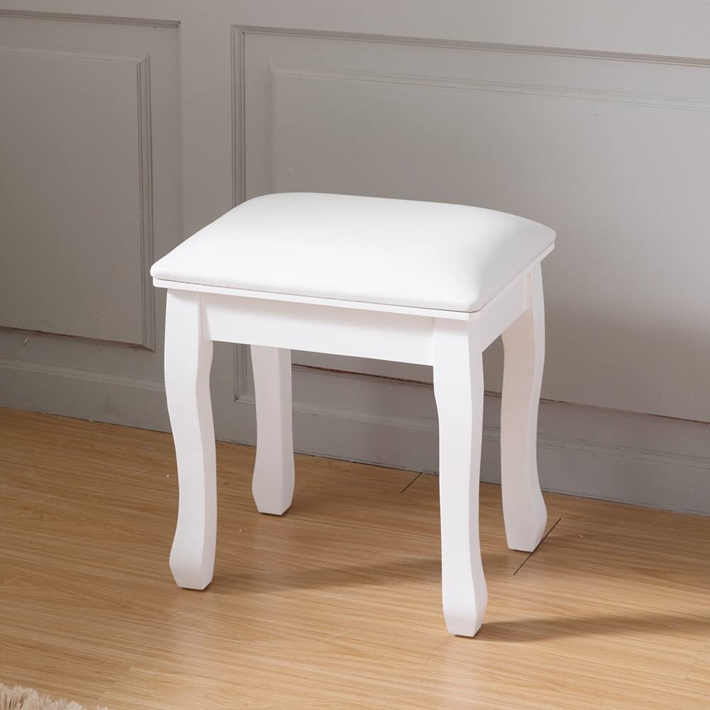 Wooden Vanity Stool Comfortable Seat Ottoman White Solid Color Modern